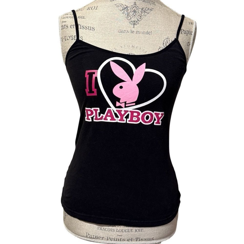Rare Vintage Playboy Intimates I 🩷 Playboy Black and Pink Tank Pajama Top Large